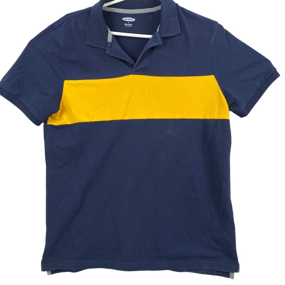 Old Navy Mens Shirt Medium Built-In Flex Polo Navy & Yellow Stripe Colorblock